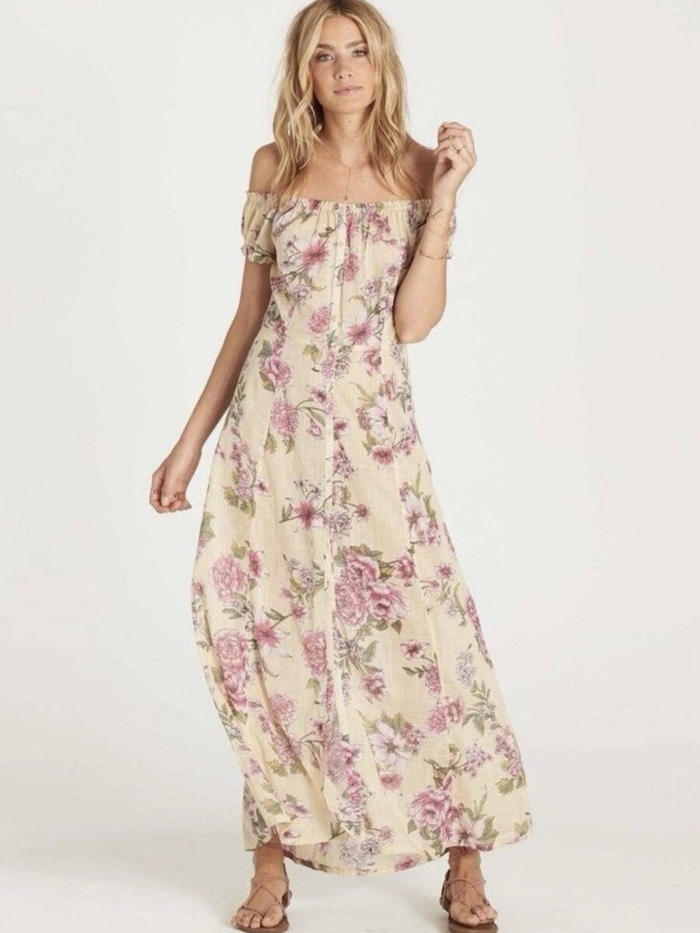 Billabong Linger Here Yellow Floral Off-Shoulder Maxi Dress with Pink Blooms